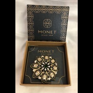 Monet Brooch Gold Tone w/Green Clear Rhinestones